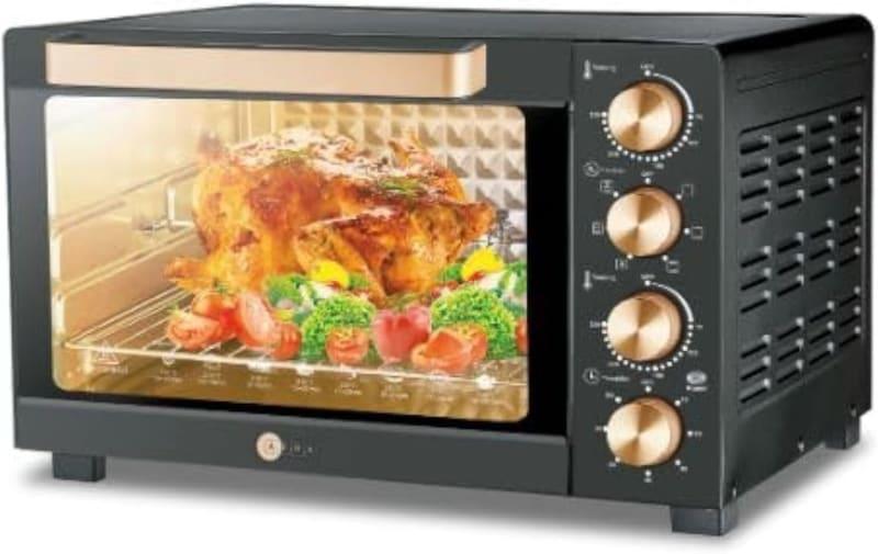 AFRA Electric Oven Toaster, 100Litre, 2800Watts Convection Rotisserie & Oven Lamp, 4 Knobs Tray, Rack, Handle, 7-Functions Control, Adjustable Thermostat 70 To 250C, AF-1028OTBK, 2-Year Warranty