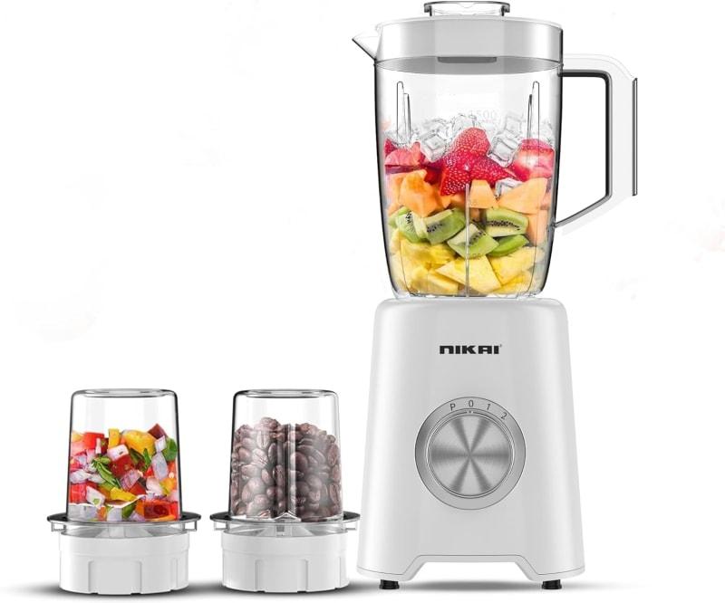 Nikai 3-in-1 Blender with 3 Jars, 1.5 Litre Liquid Jar, 1 Coffee Grinder & 1 Meat Mincer, 2 Speeds, Stainless Blades, Unbreakable Jar, Perfect for Dry & Wet Fine Grinding, Mixing & Juicing-NB1900NA1