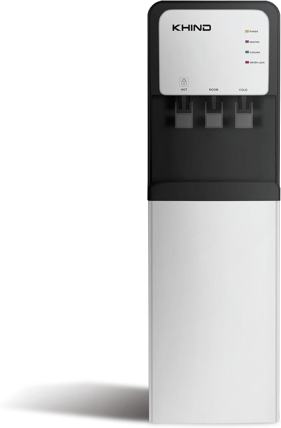 KHIND 7 Liters Freestanding Water Dispenser with Auto Suction Pump, Hot, Normal, & Cold Water Dispensing, Bottom Load, Child Lock, Intelligent Indicator Lights, Black - WD-3BP
