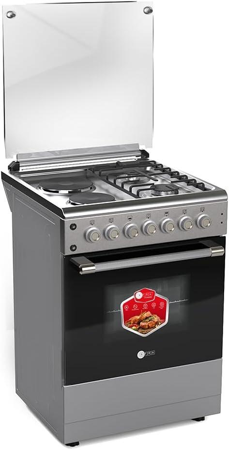 AFRA Free Standing Cooking Range, 60x60, Gas and Electric Burners, Stainless Steel, Compact, Adjustable Legs, Temperature Control, Mechanical Timer - AF-6060CRHG