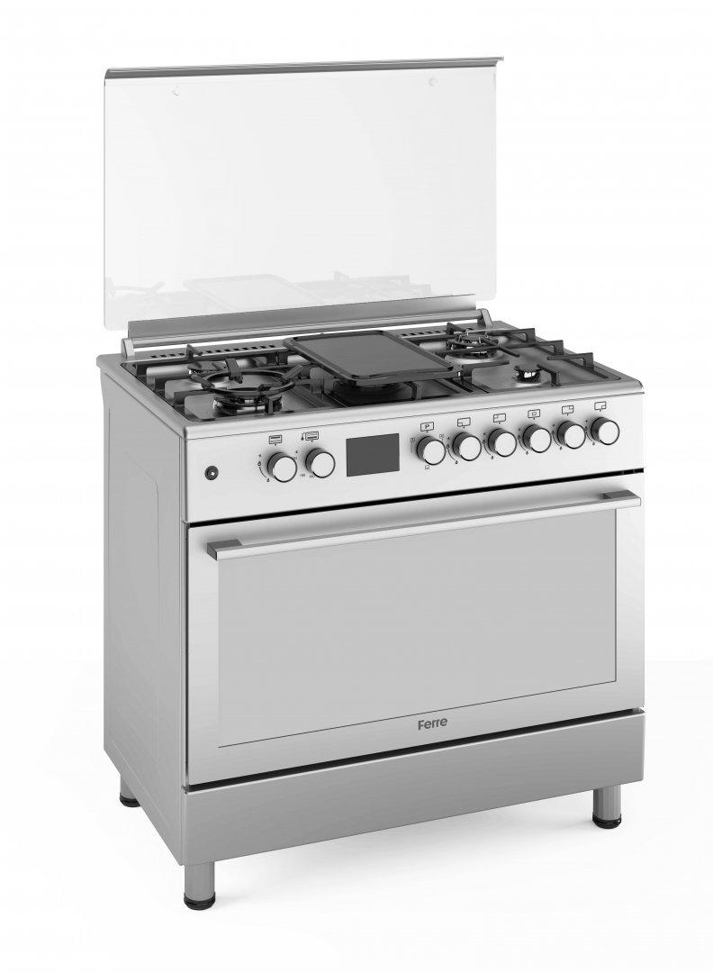 La Modano LMC906GG Gas Cooking Range With Stainless Steel Cooker, 90 cm, 5 Burners Auto-Ignition, Turnspit, Touch Digital Timer - Stainless Steel