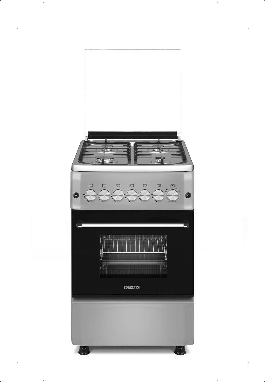 Tornado 50x55cm Freestanding Cooker, Full Gas Cooking Range with 4 Burners, Automatic Ignition & full Safety, Cast Iron Pan Support, Stainless Steel Finish, Separate Knob, Turkey - 5T40BBS2W01AE