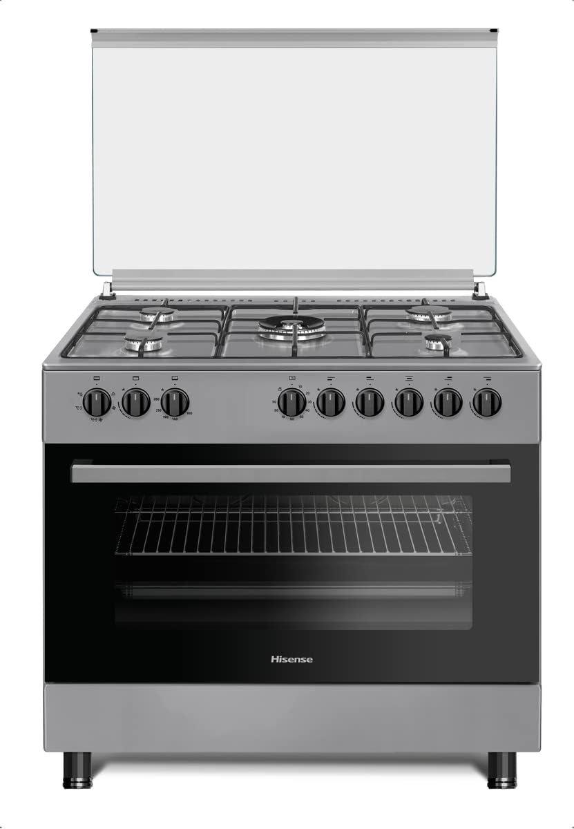 Hisense 90 cm Freestanding Gas Cooker With Dual Fan, 105 Liters Multifunction Oven, Mate enameled Pan Support, One Hand Ignition, Stainless Steel, 1 Year Warranty - HGI9B20S