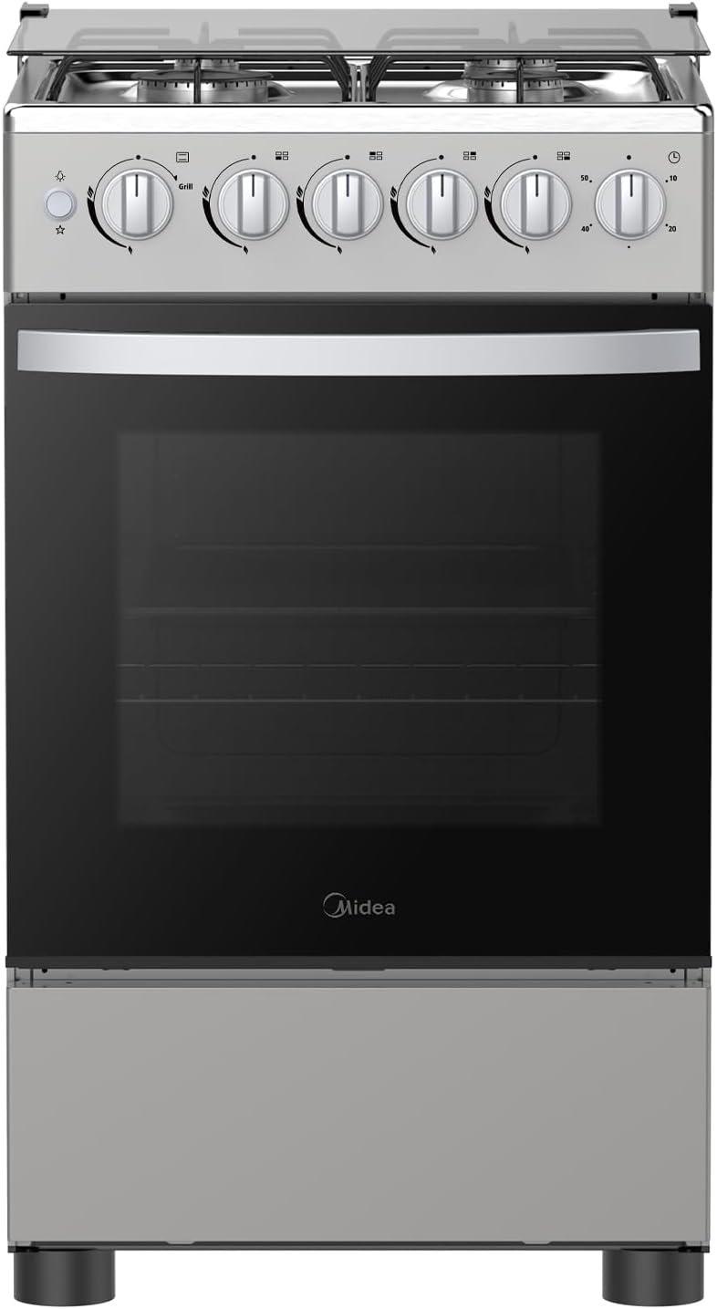 Midea 50x55cm Freestanding Cooker, Full Gas Cooking Range With 4 Burners, Stainless Steel, Automatic Ignition & Full Safety, Cast Iron Pan Support, Heat Resistant Knobs - MFO-MG20TESS-FFD