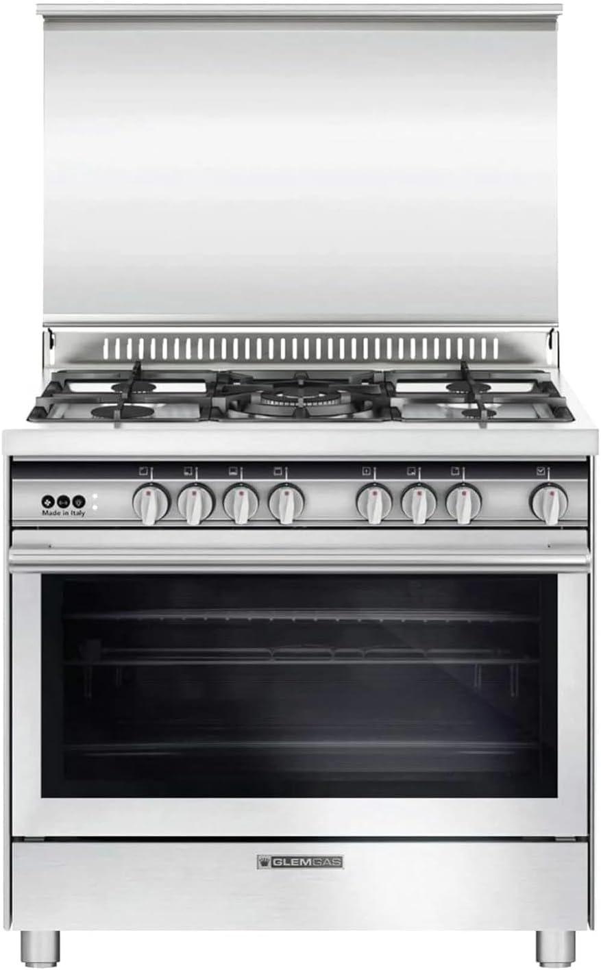 GLEMGAS 90X60 Freestanding Cooker, 5 Burner Gas Cooking Range, With One Hand Ignition With Full Safety, Cast Iron Pan support, Closed Door Grilling, MADE IN ITALY -ST9612RIFS
