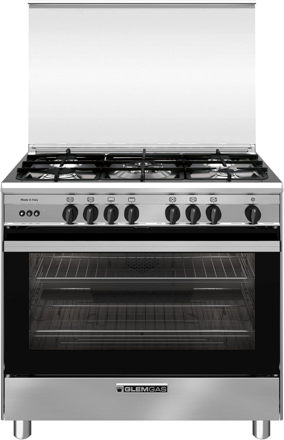 GLEMGAS Freestanding Gas Cooker 90X60 with 5-Burner, Cast Iron Grids, Full-Safety, Maxi Gas Oven120L with FAN, Storage Compartment, Cooling Fan, Closed Door Grilling, SE9612RIFS