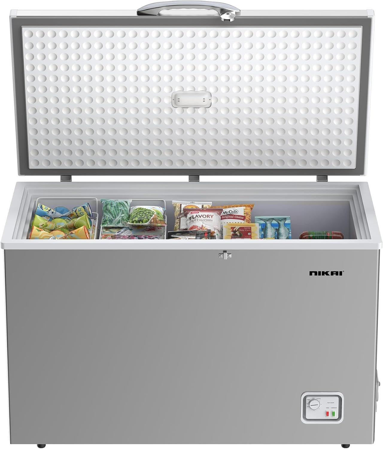 Nikai 340Litre Gross/300Litre Net, Single Door Chest Freezer with Storage Basket, High Energy Efficiency Cooling System, Adjustable Temperature, Silent Operation, For Home & Restaurants - NCF340N7S Silver