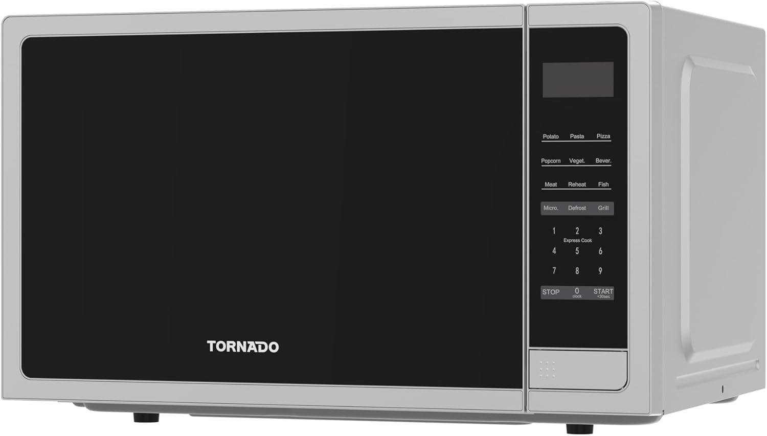 Tornado 42 Liters Digital Microwave Oven 3 in 1 with Grill function 10 Power Levels, 1000W, Touch Control panel, Child-Safety-Lock, Defrost Function, 8 Auto cooking function, Silver, TWDG-42-S-E