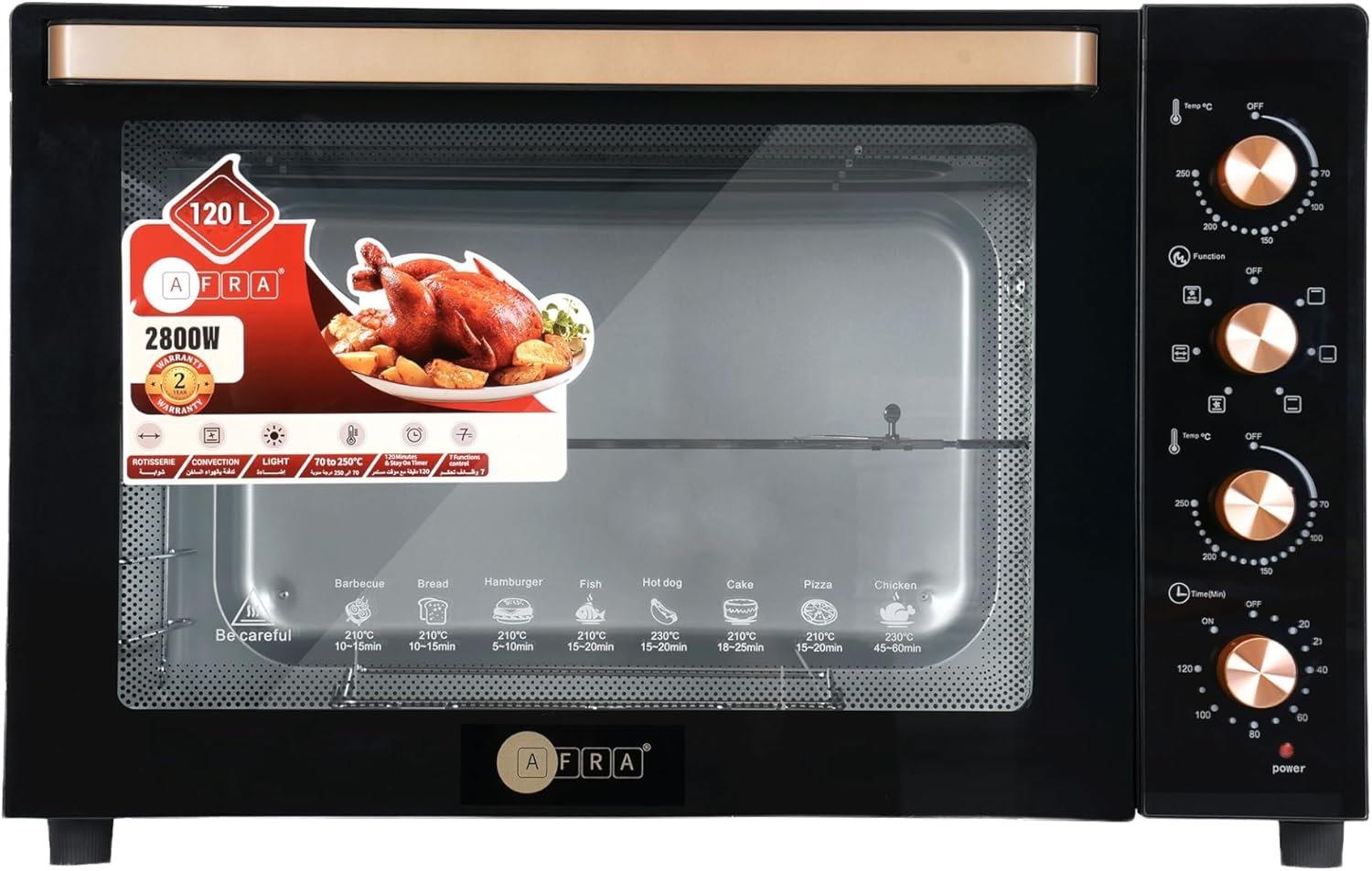 AFRA 120Litre Electric Oven Toaster, Multifunctional with Convection Fan & Rotisserie, Keep Warm Function for Toasting, Baking & Broiling – AF-12080OTBK, Black, 2-Year Warranty