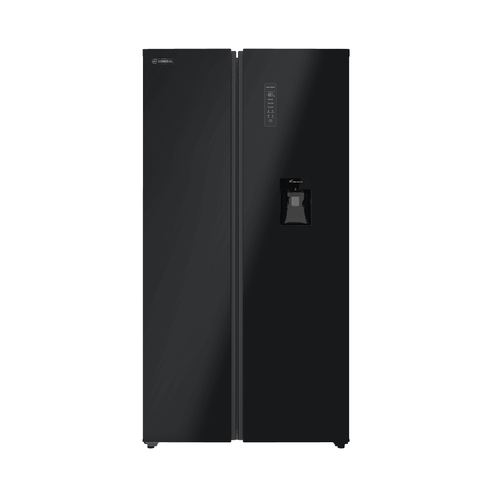 UniGeneral 534Litre Side-by-Side Inverter Refrigerator with Total No Frost cooling, 4-star efficiency, and stylish Glass Black finish. Features 340L fridge + 194L freezer, recessed handle, dual crispers, drawers, and eco-friendly R600a refrigerant - UG-SBS55L-GBD