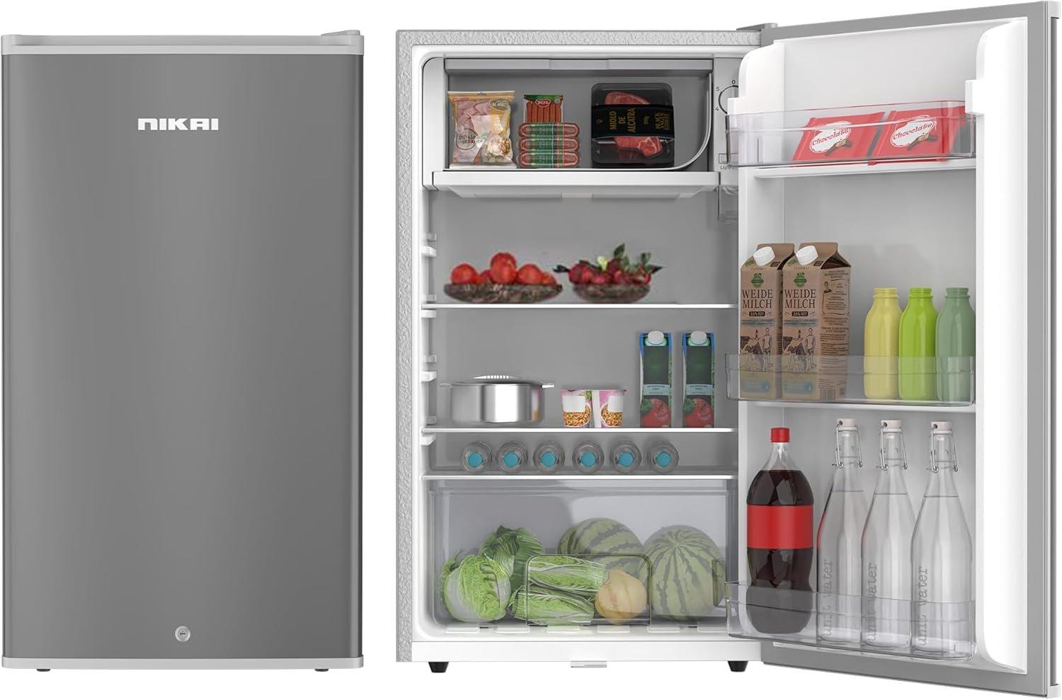 Nikai 130L Gross / 90L Net, Single Door Mini Refrigerator, Chiller & Veg. Compartment, 2 Glass Shelves & Bottle Storage Racks, Compact Small Size Beverage Fridge, For Home, Office, Bedroom - NRF130SS1