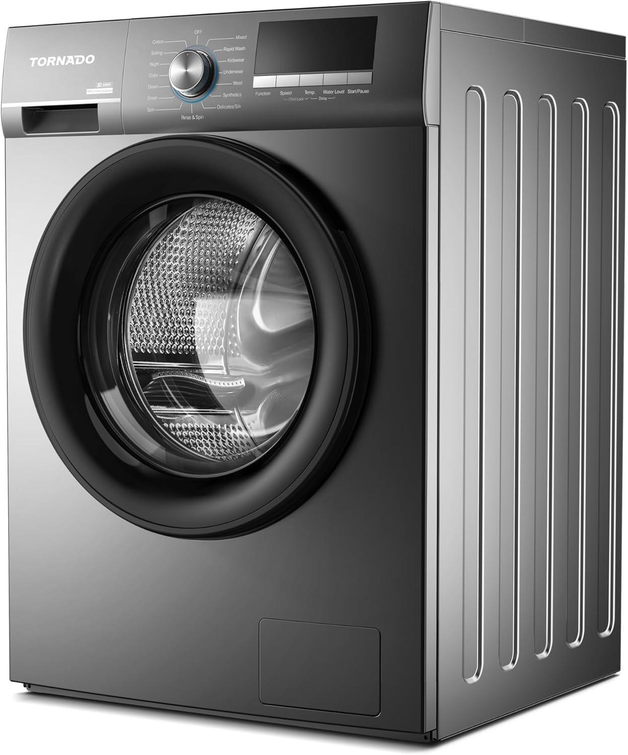 Tornado Front Load Inverter Washing Machine, 10kg Capacity, BLDC Inverter Motor, 1200 RPM, Stainless Steel Drum, Quick Wash 15min, TwinWash, Child Lock,TWX-FV1012GOSSU - Silver