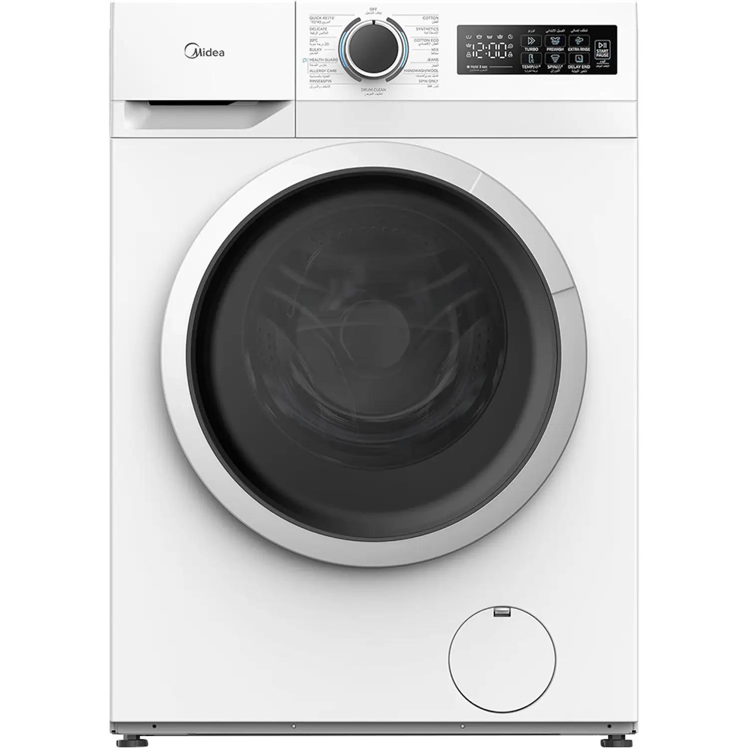 Midea 8KG Front Load Washing Machine With BLDC Inverter Motor, 1400 RPM, 15 Programs, Fully Automatic Washer With Lunar Dial, Integrated Digital Control-LED Display, Water Cube Drum - MF110W80B/W-GCC