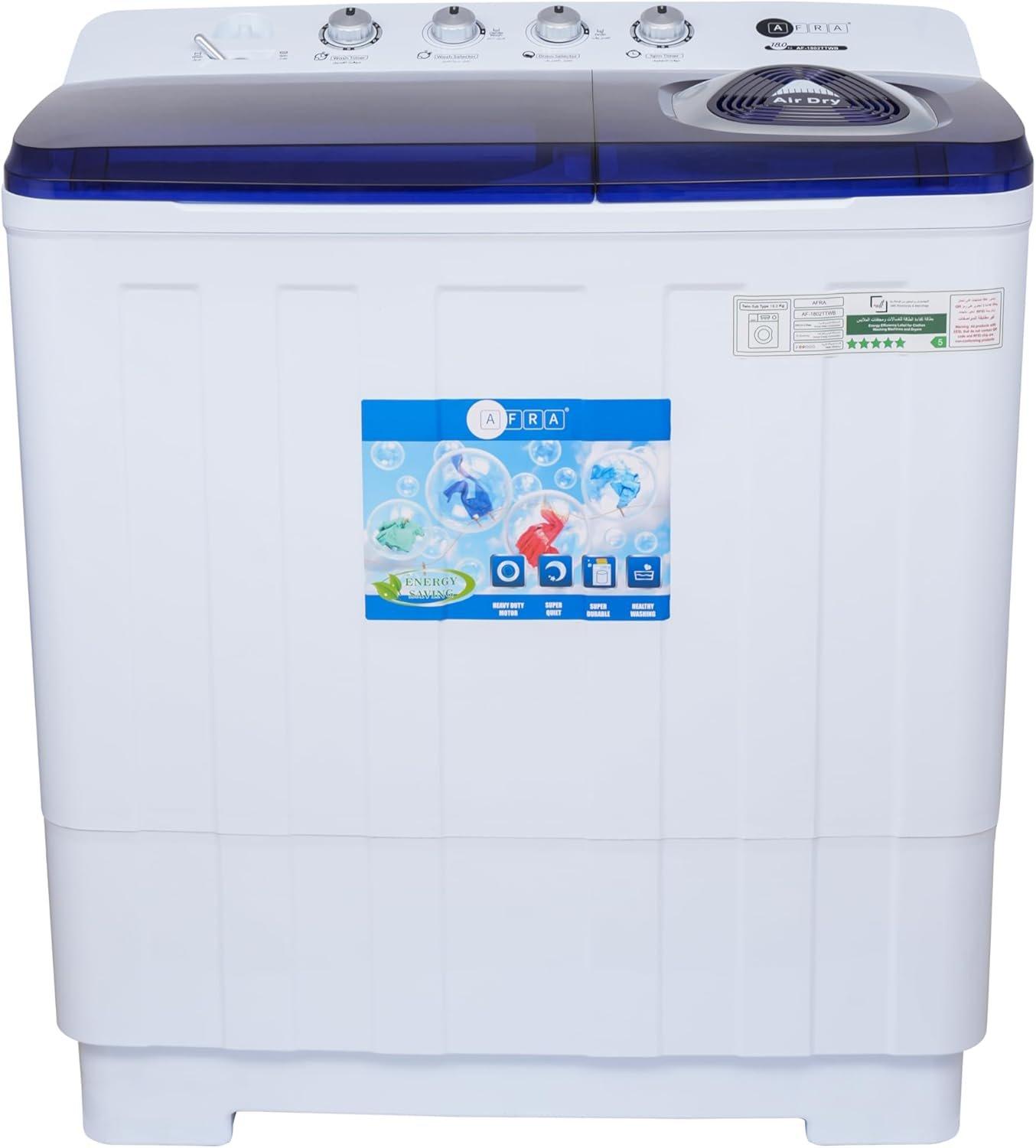 AFRA Twin Tub Washing Machine, 18 kg Wash Capacity, 680W Motor, Air Dry Function, White and Blue -AF-1802TTWB