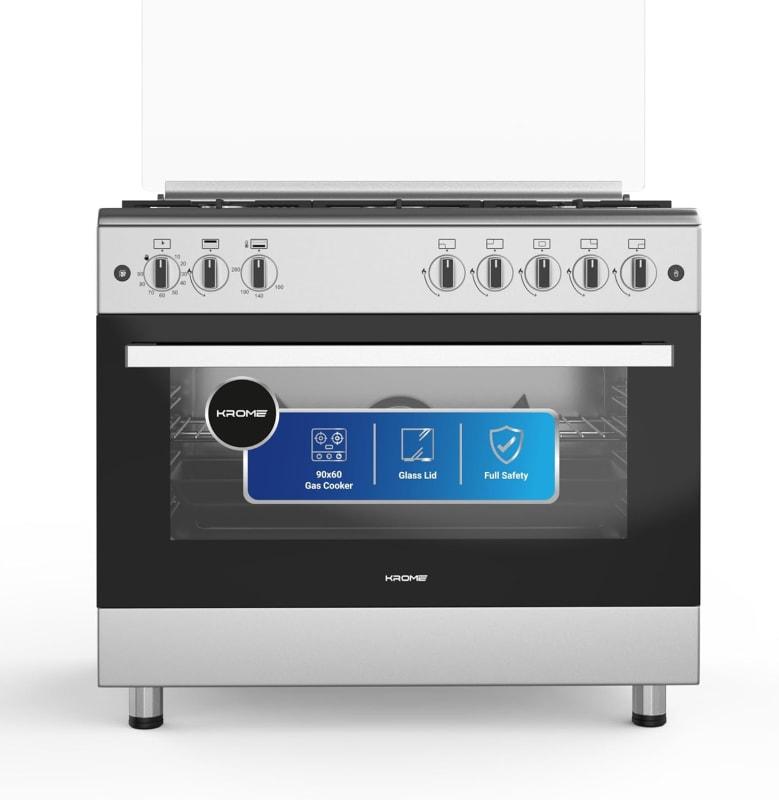 Krome 90x60cm Free Standing Gas Cooker, 5 Euro Pool Gas Burners, Flame Protection, Double Turbo Fan, Push Button Ignition, Stainless Steel, KR-CR9061FE