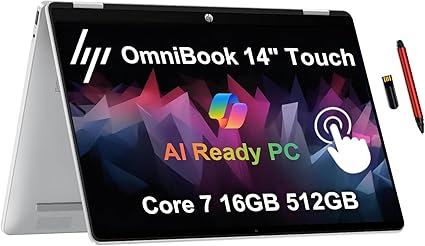 HP OmniBook 5 Flip 2-in-1 Laptop, 14" 2K Touch-Screen Display, Intel Core 7 150U, 16GB RAM, 512GB SSD, Backlit Keyboard, 21.5hr Battery, Windows 11, Glacier Silver